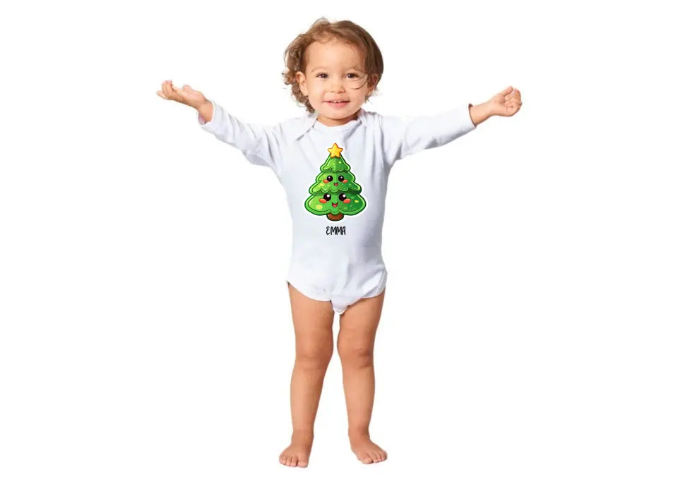 Weihnachtskleidung babys langarm mit weihnachtsbaummotiv und Name - printpod.de