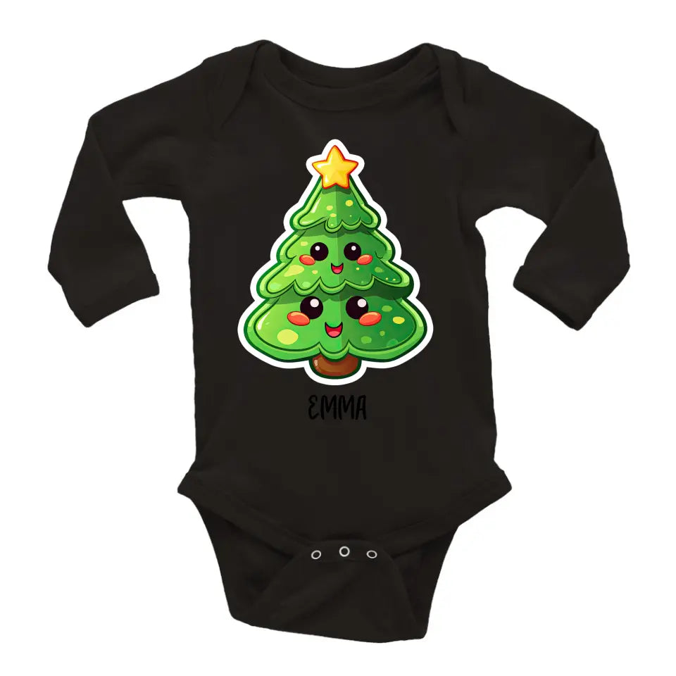 Weihnachtskleidung babys langarm mit weihnachtsbaummotiv und Name - printpod.de