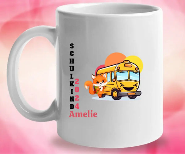 Fuchsmädchen und Fuchsjunge gehen zur Schule - erster Tag in der Schule Schulkind personalisierte Tasse am besten für Geschenk in 2023 Schule Saison