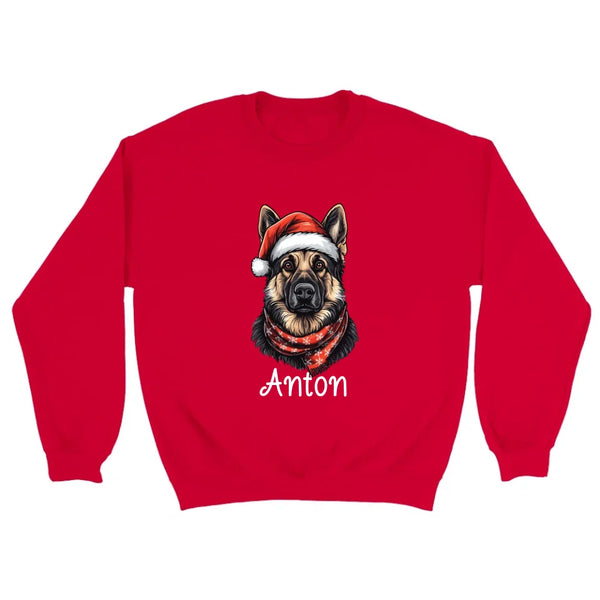 Personalisierter Weihnachts-Sweatshirt mit Deutschem Schäferhund – Dein Name, Santa-Hut, Festlicher Schal, Majestätisches & Treues Design