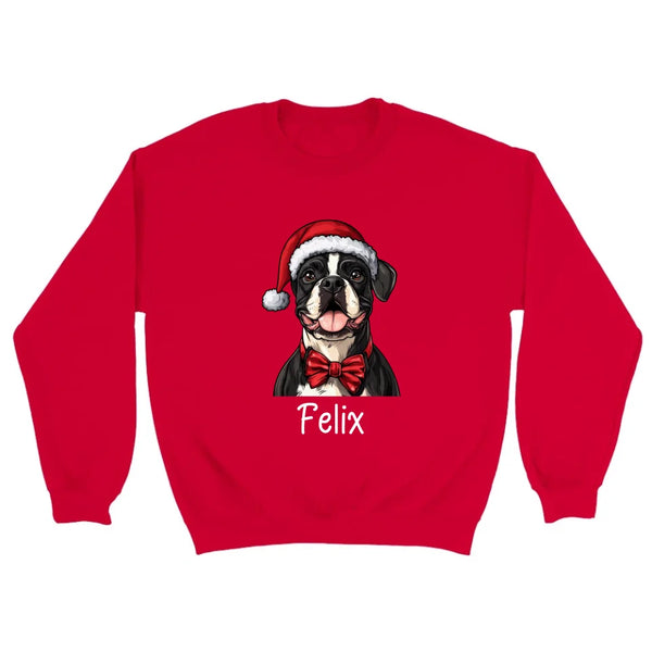 Personalisierter Weihnachts-Sweatshirt – Dein Name, Kräftiger Boxer mit Festlicher Fliege & Santa-Hut, Energetisches Cartoon-Design, Perfekt für die Feiertage