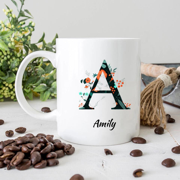 Name Letter Mug - Blumenmuster flachen floralen Hintergrund schwarz und orange