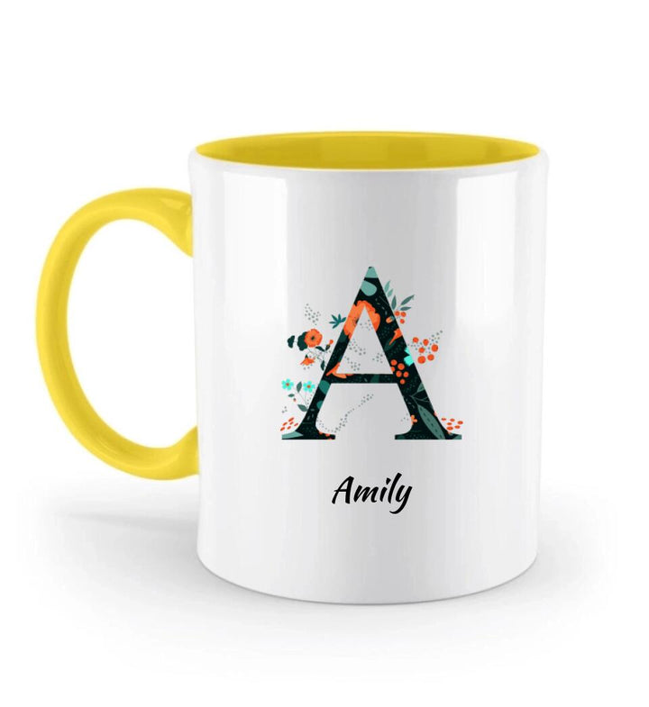 Name Letter Mug - Blumenmuster flachen floralen Hintergrund schwarz und orange - printpod.de