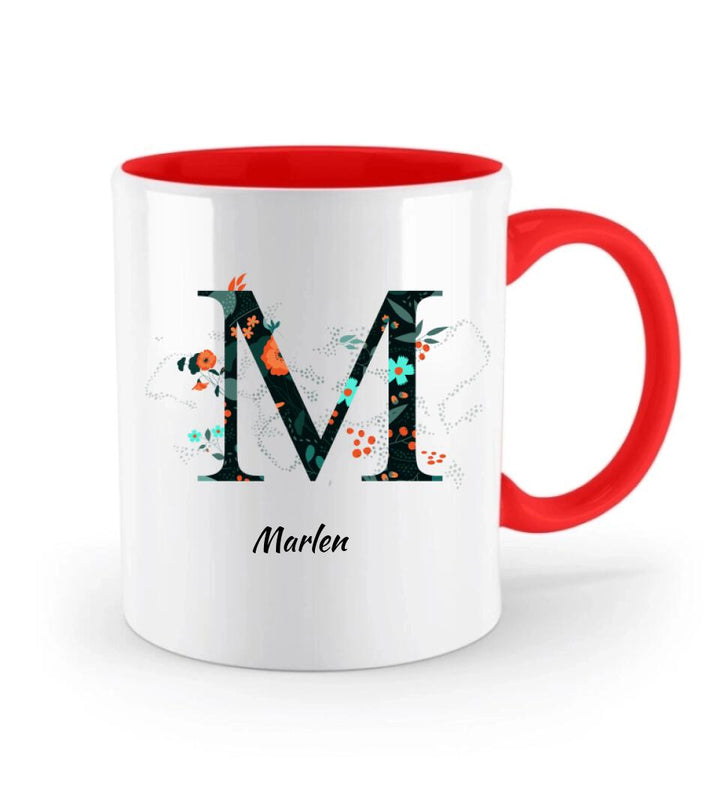 Name Letter Mug - Blumenmuster flachen floralen Hintergrund schwarz und orange - printpod.de