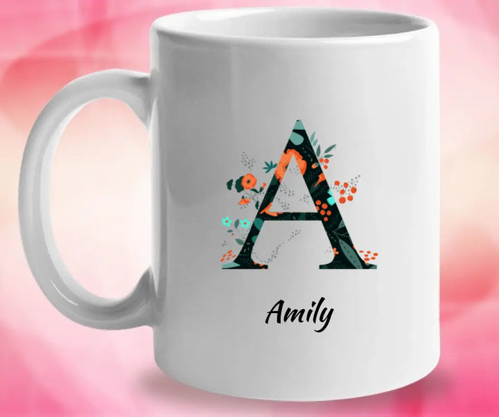 Name Letter Mug - Blumenmuster flachen floralen Hintergrund schwarz und orange - printpod.de